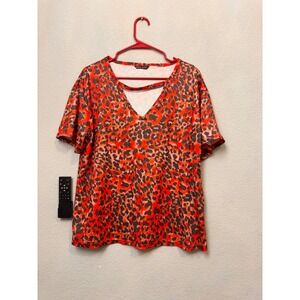 SHEIN‎ Red Brown Animal Print V Neck Cutout Short Sleeve Top Women Size XL